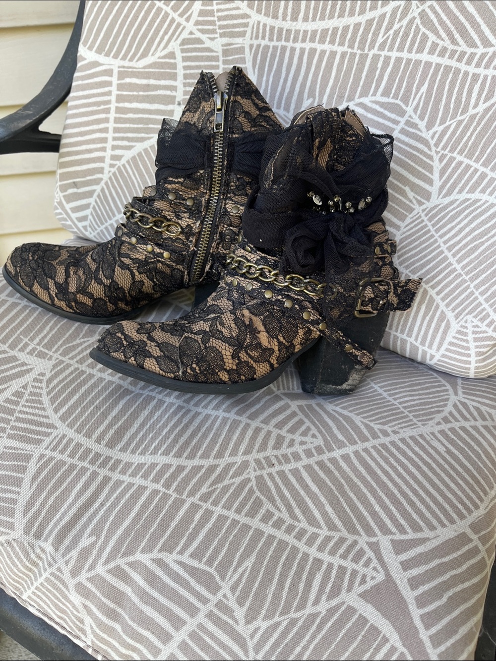 Not Rated Black Lace Ankle Boots with Chain & Bow Accents